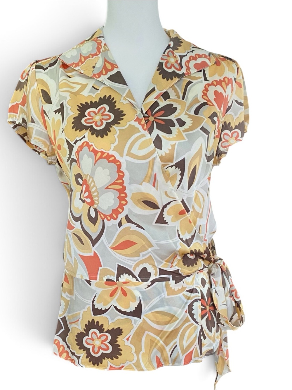 Talbots Pure Silk Floral Wrap Blouse Size 8 Retro 70s Boho Chic